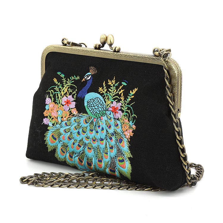 PEACOCK KISSLOCK BAG IN LINEN COTTON BLEND