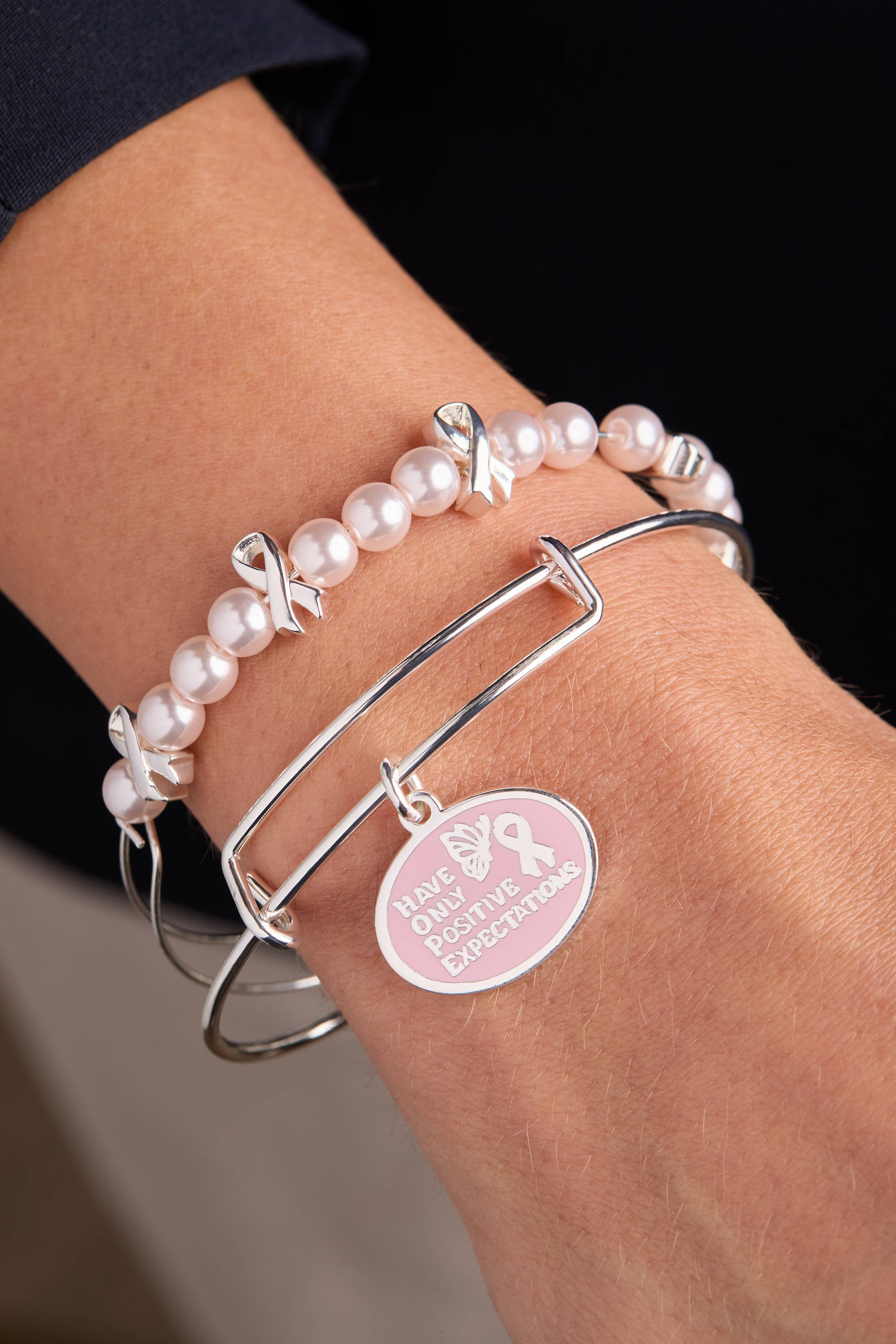 'HOPE' Breast Cancer Awareness Charm Bangle Set of 2: Silver