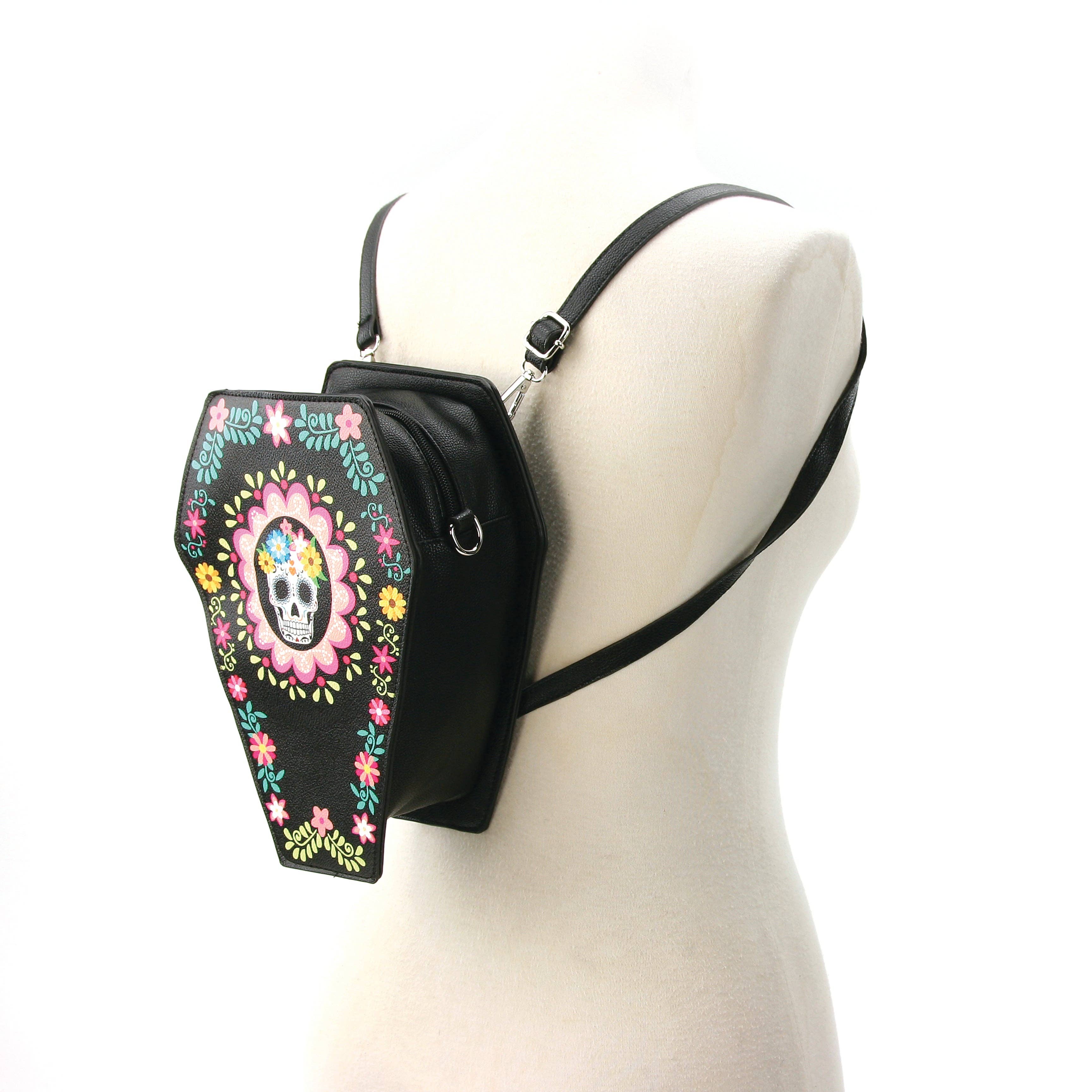 Sugar Skull Coffin Convertible Crossbody Bag Backpack in Vinyl Material