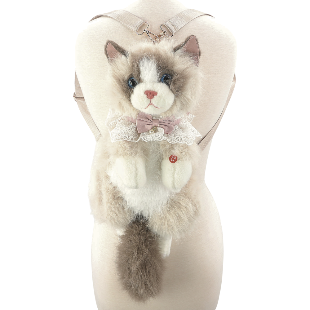 Cute Cat Plush Backpack in Polyester: White+Grey