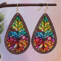 Rainbow Mosaic Stained Glass Print Wood Earrings