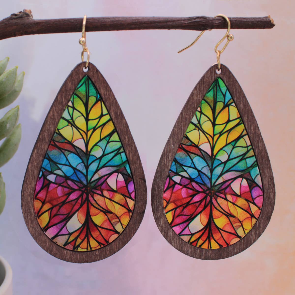 Rainbow Mosaic Stained Glass Print Wood Earrings