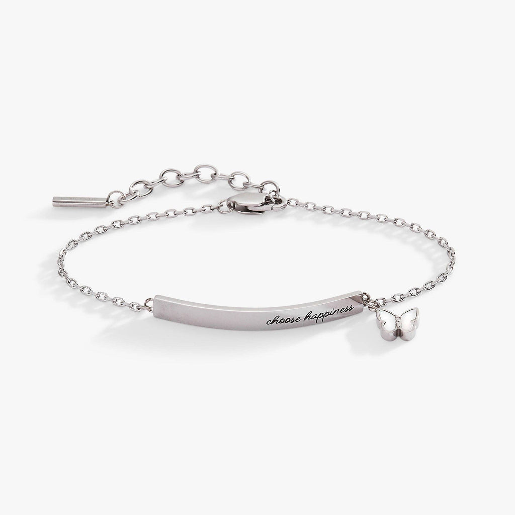 “Choose Happiness” Inline Bracelet: Stainless Steel Silver