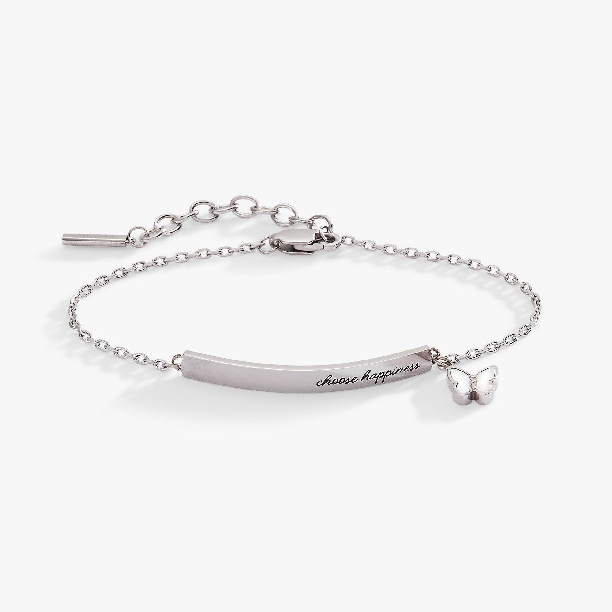 “Choose Happiness” Inline Bracelet: Stainless Steel Silver