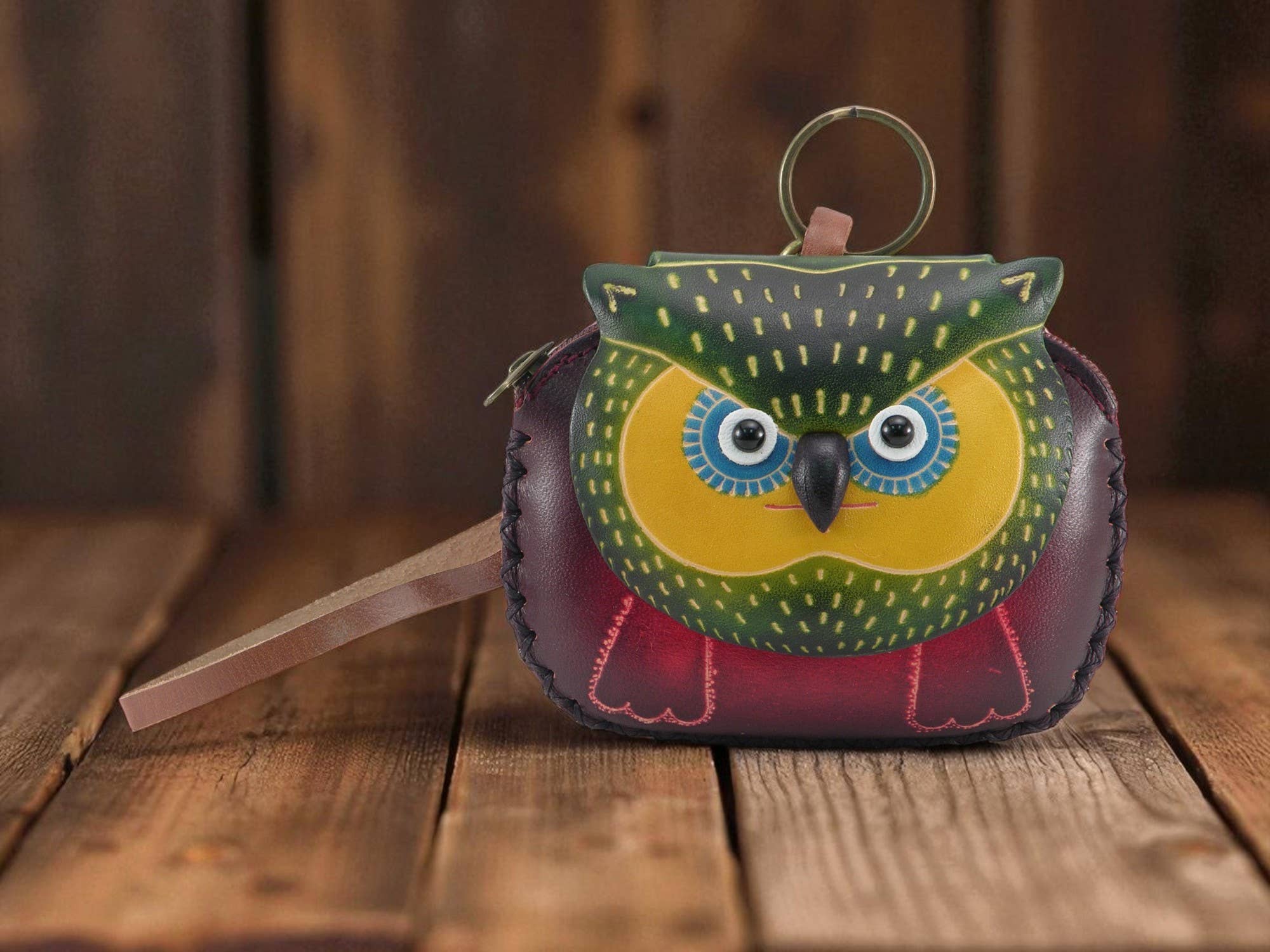 Handmade leather Owl Wristlet coin purse wallet