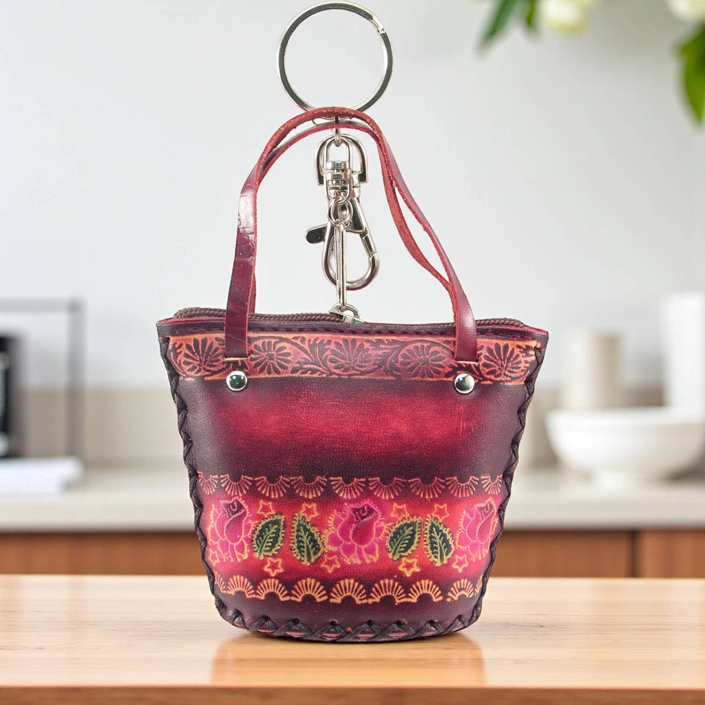 Leather Coin Purse floral design little basket