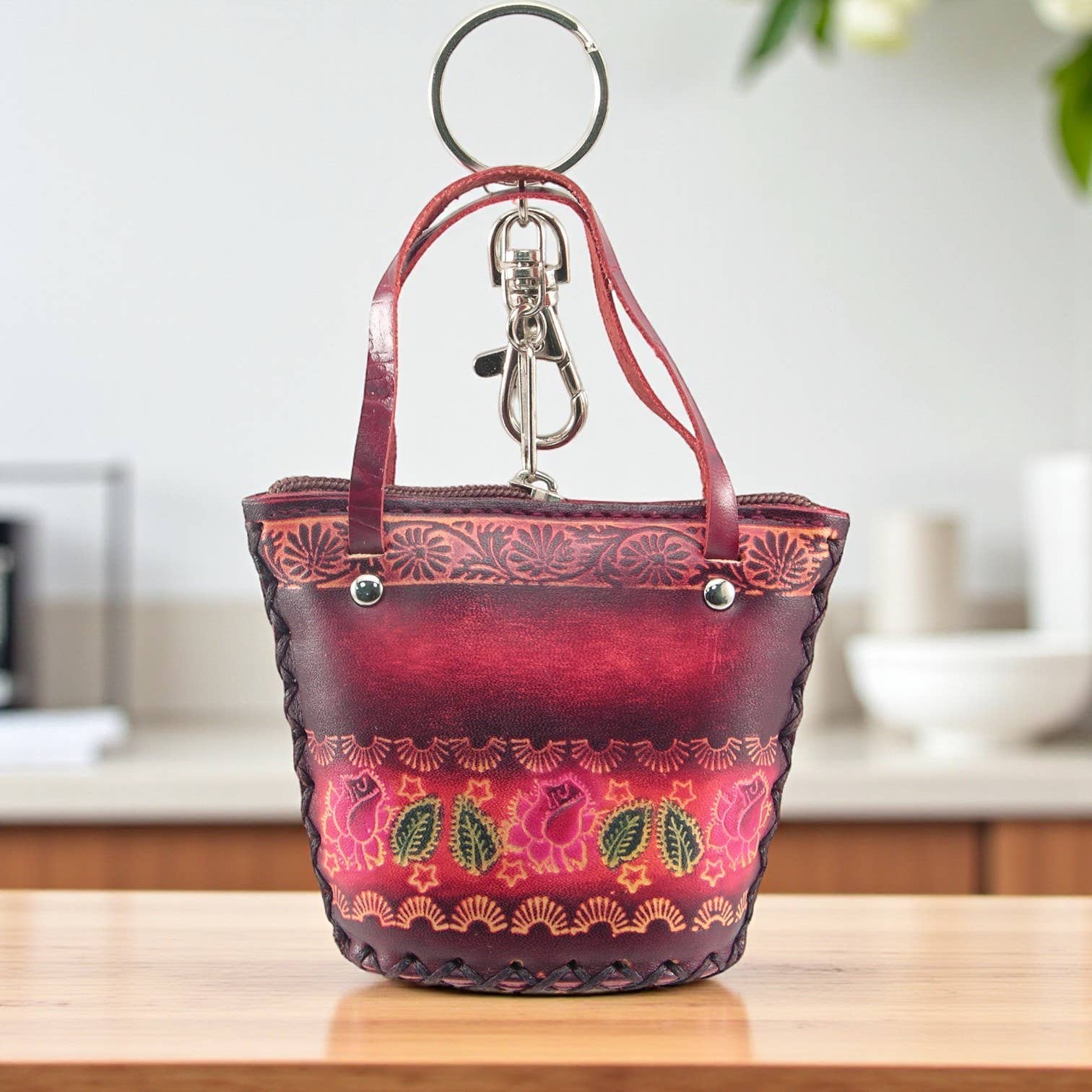 Leather Coin Purse floral design little basket