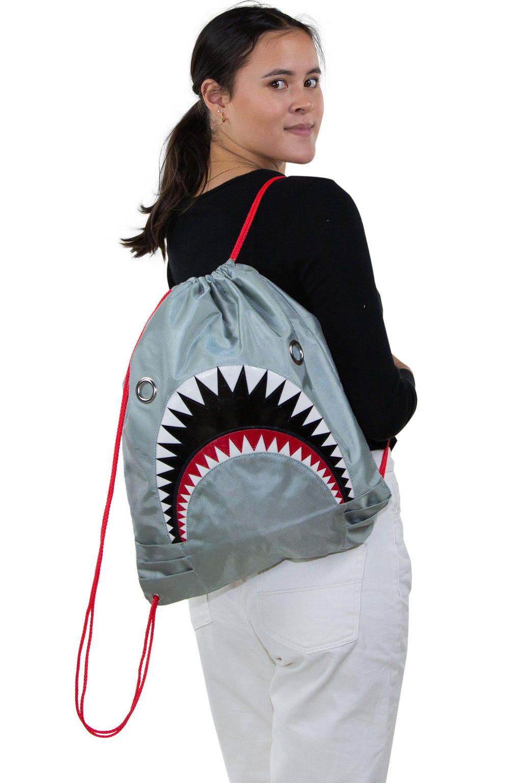 Unisex Water Resistant Nylon Shark Bite Jaws Drawstring Knap Sack Back Pack (Grey)