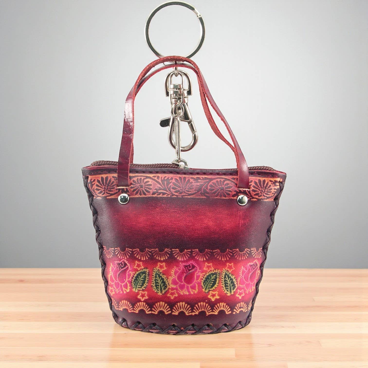 Leather Coin Purse floral design little basket