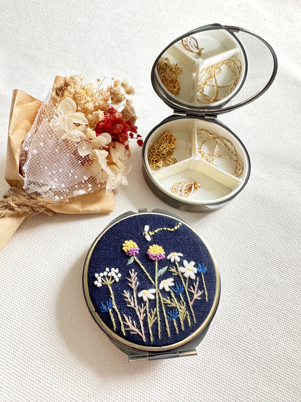 Floral Embroidered Round Jewelry Box With Mirror (In Stock✅): 2. Blue Roses
