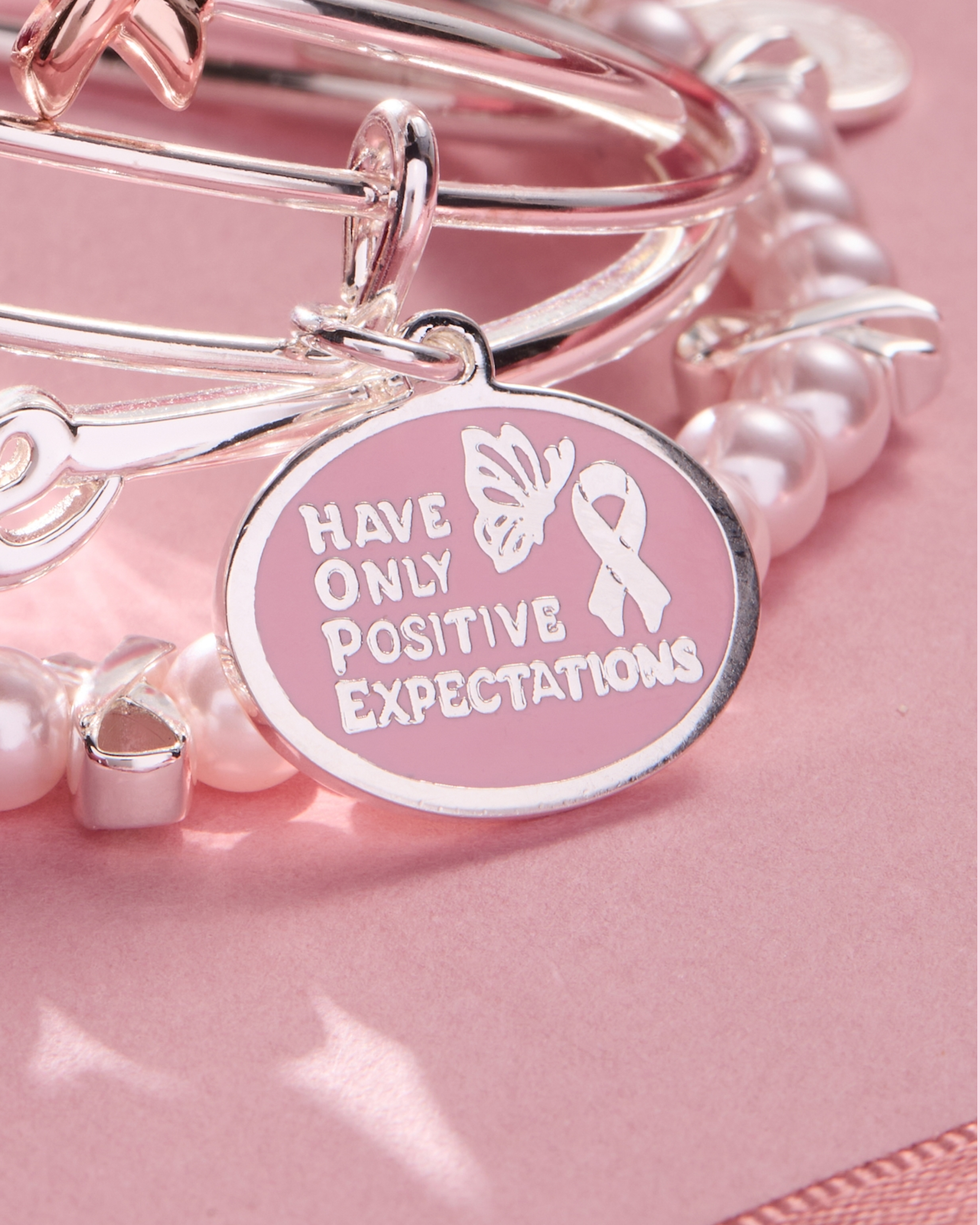 'HOPE' Breast Cancer Awareness Charm Bangle Set of 2: Silver