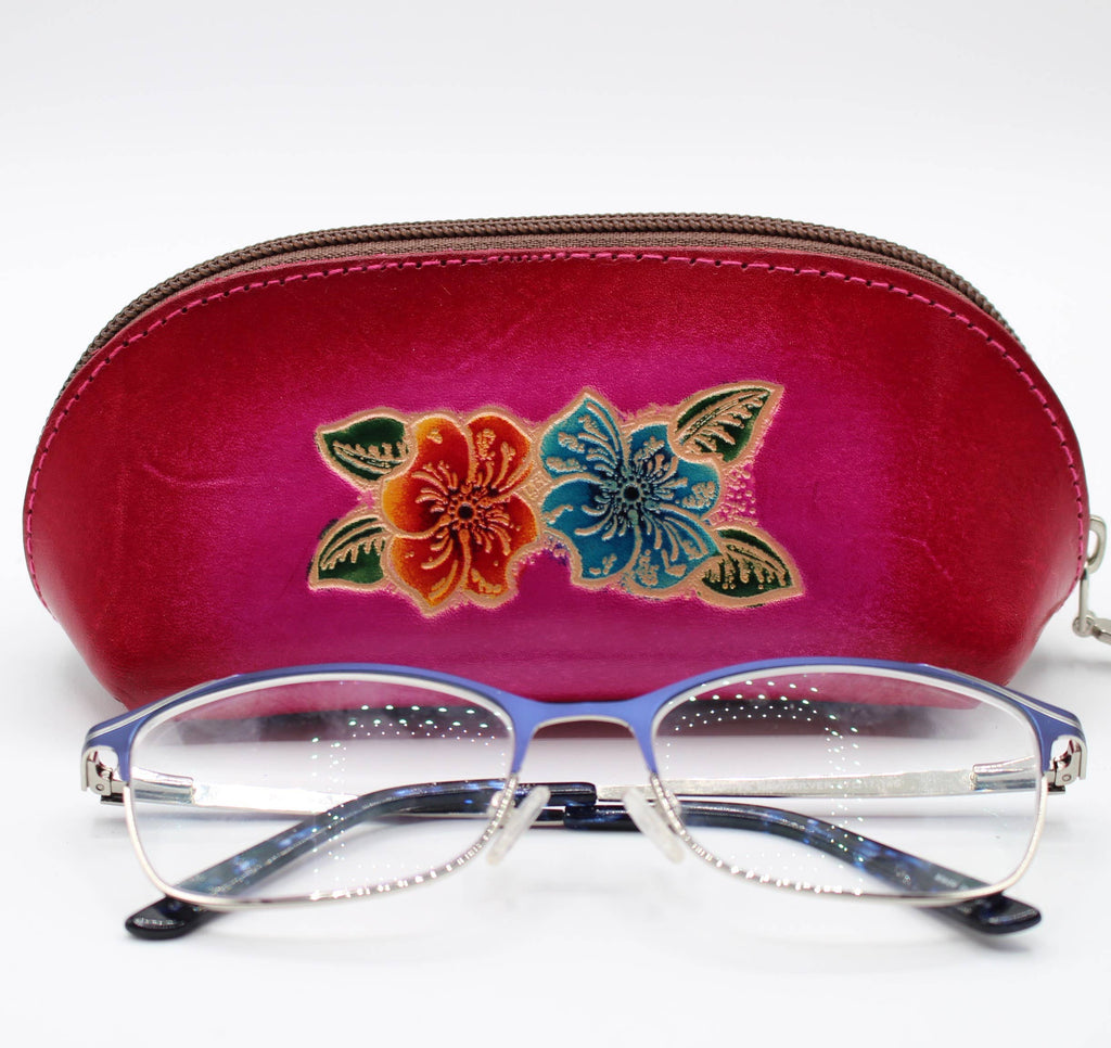 Leather eyeglasses sunglasses cosmetic case hibiscus flower