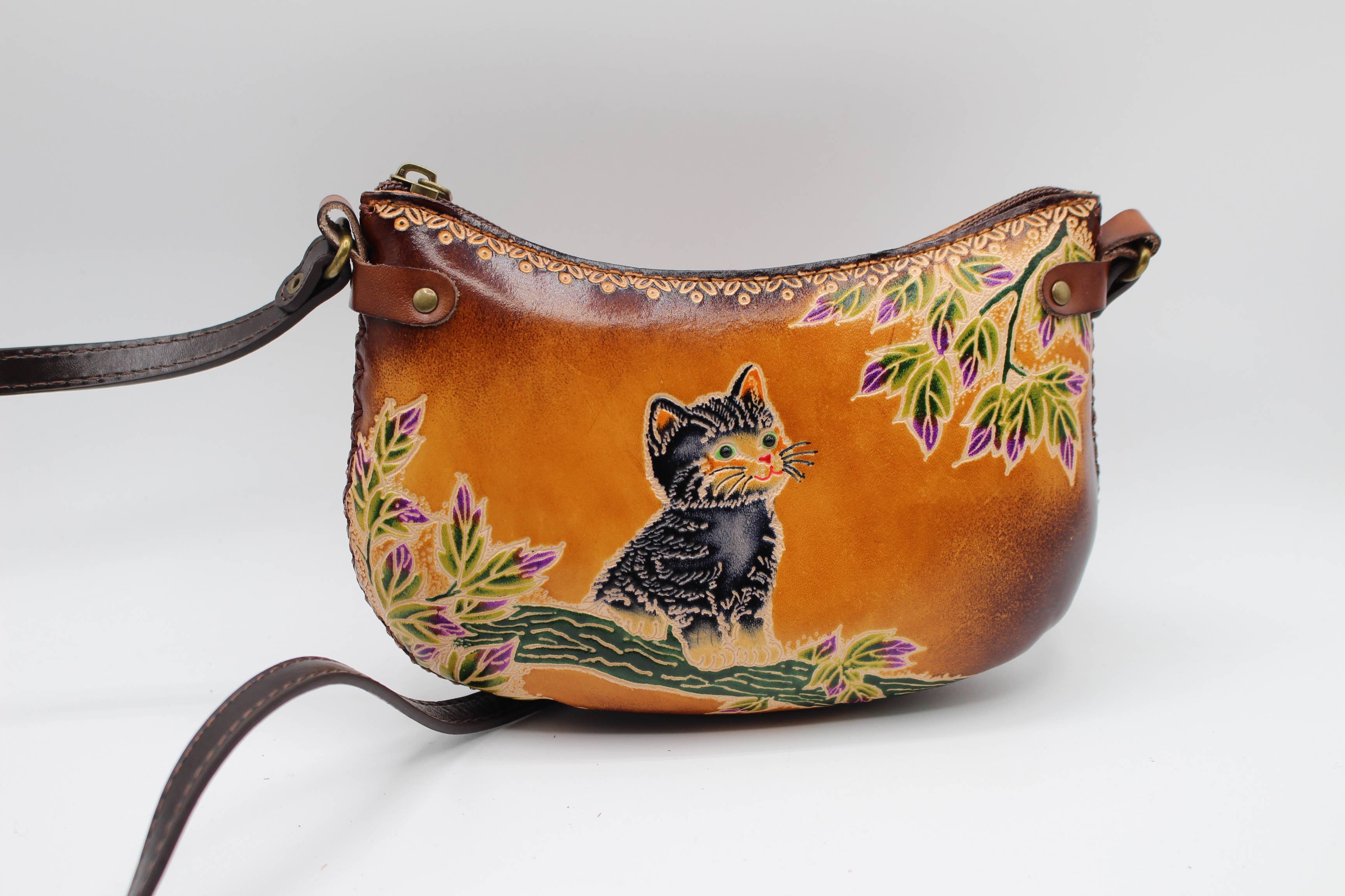 Leather cat purse crossbody curvy shape phone bag