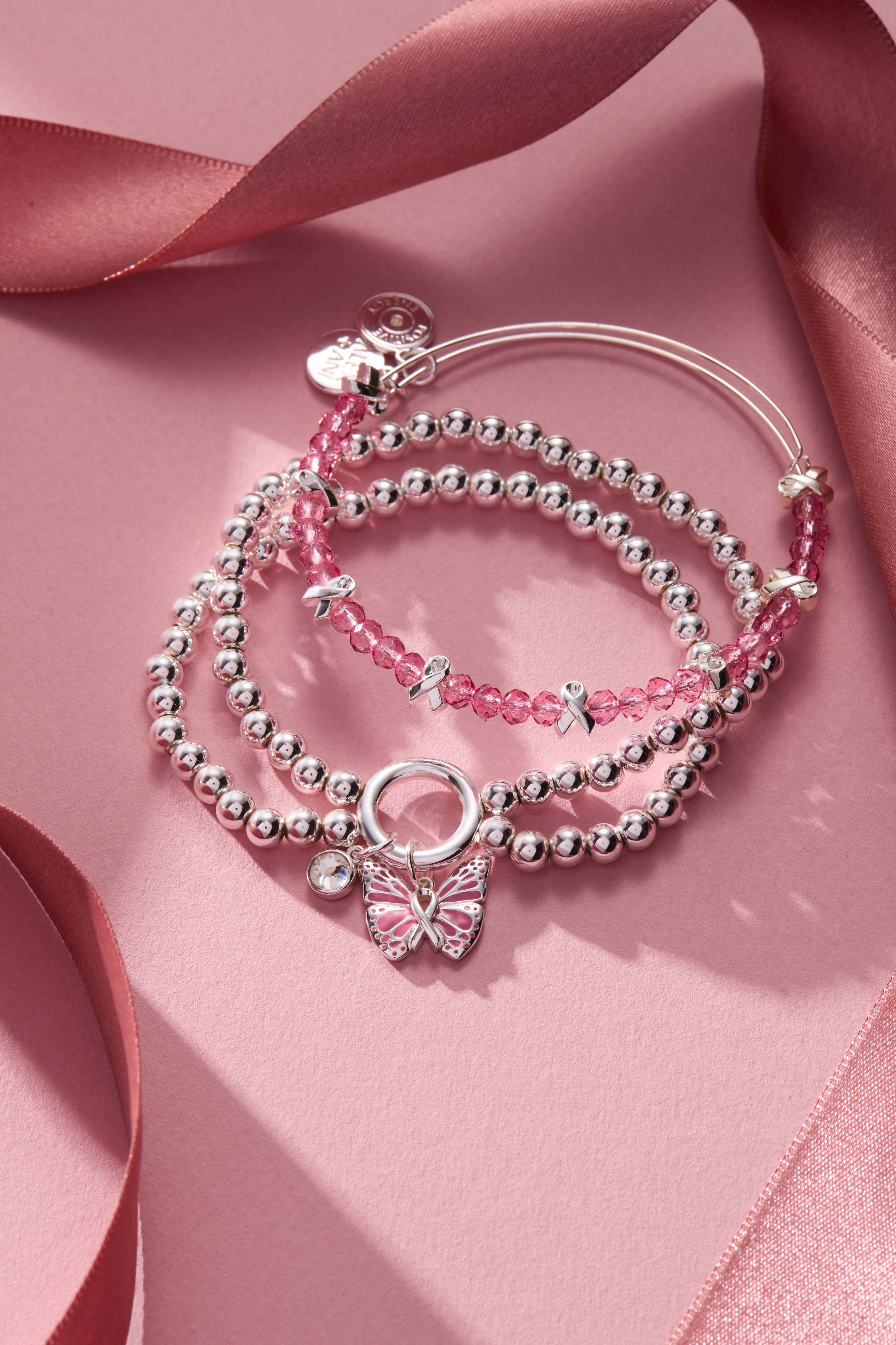 Breast Cancer Awareness Pink Ribbon Bangle: Silver