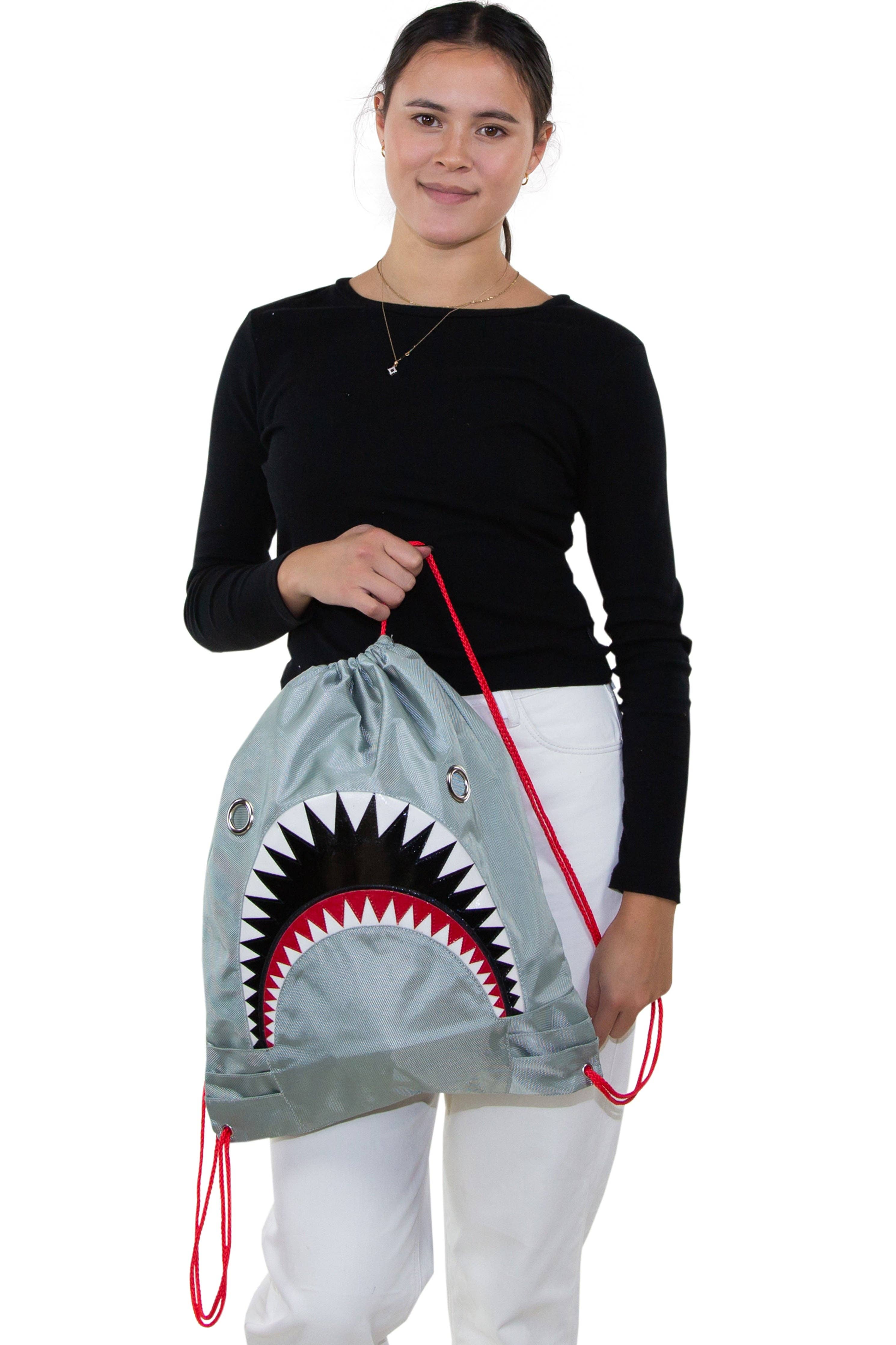 Unisex Water Resistant Nylon Shark Bite Jaws Drawstring Knap Sack Back Pack (Grey)