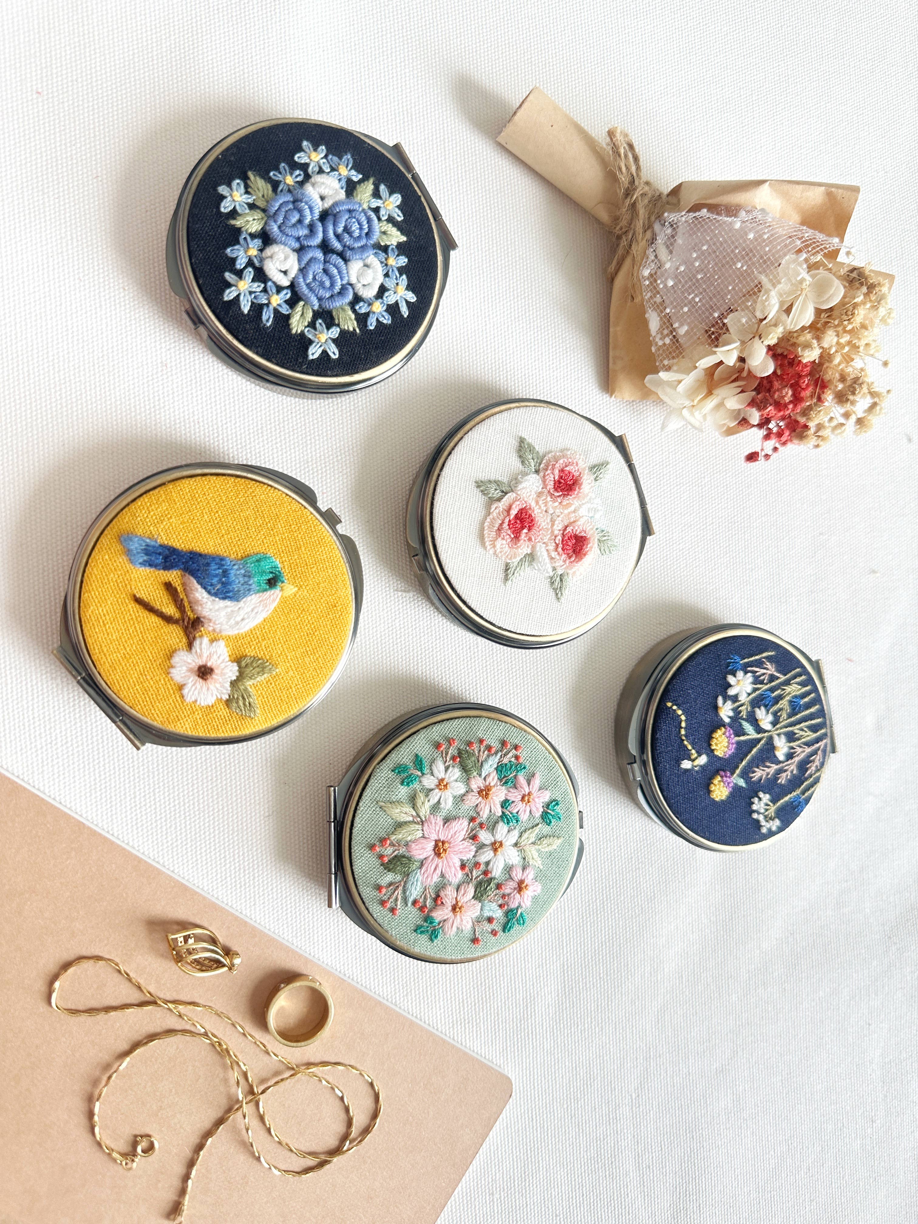 Floral Embroidered Round Jewelry Box With Mirror (In Stock✅): 2. Blue Roses