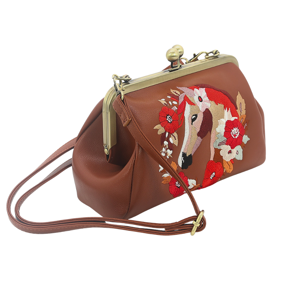 Floral Wreath Horse Kisslock Bag in Vinyl: Red