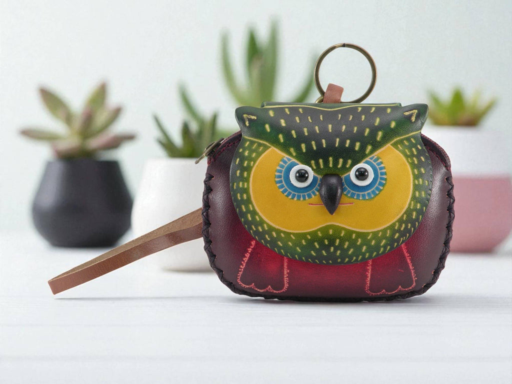 Handmade leather Owl Wristlet coin purse wallet