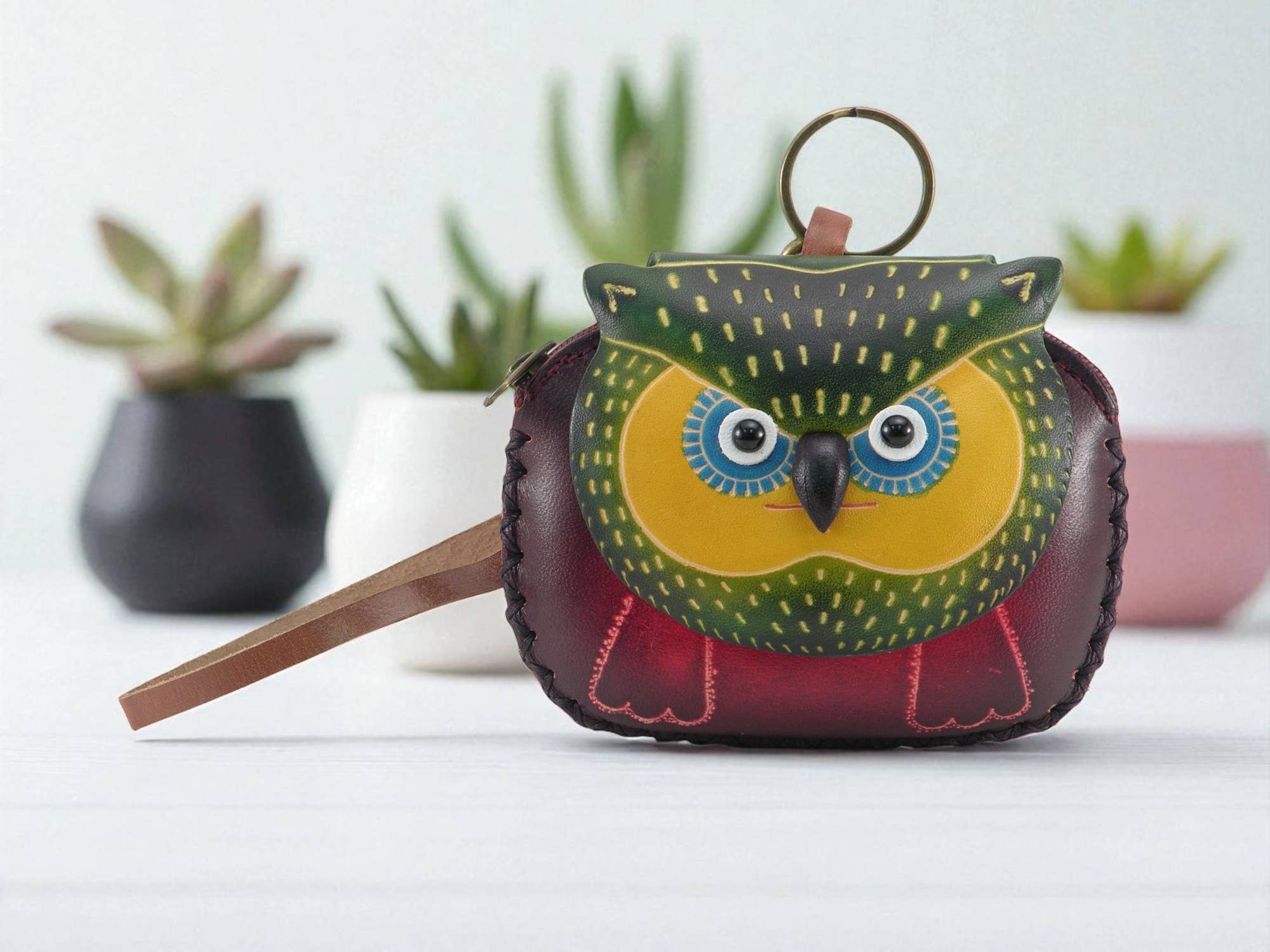 Handmade leather Owl Wristlet coin purse wallet