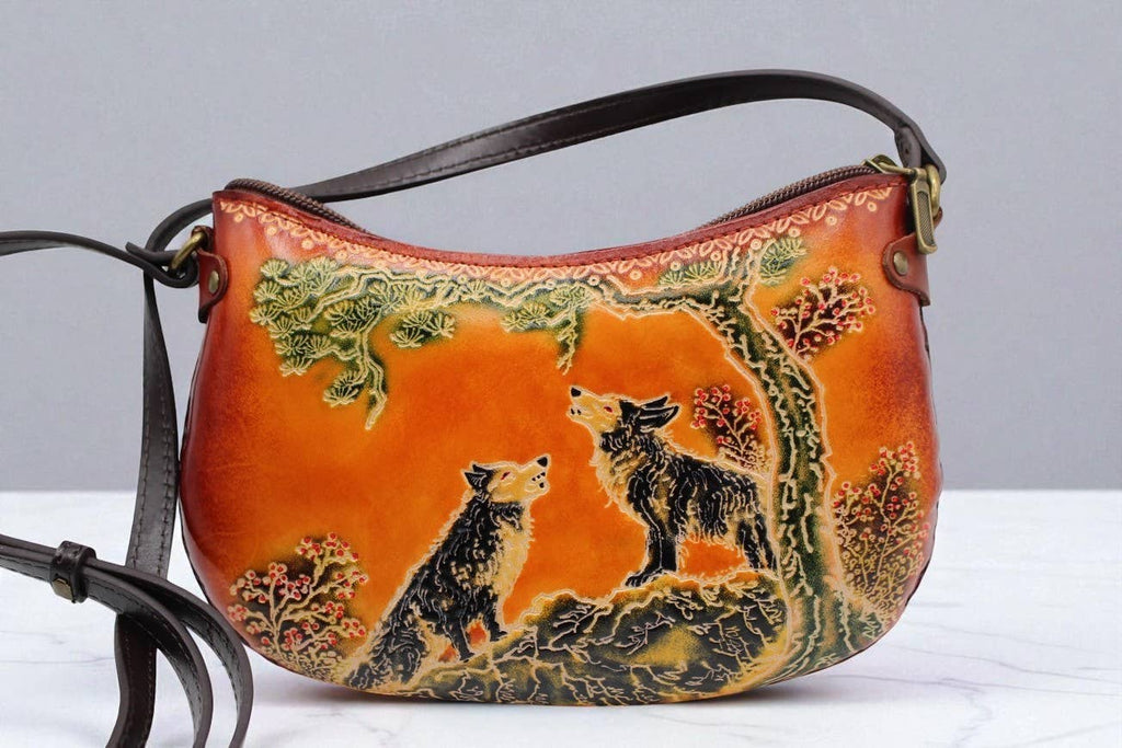 Leather wolf purse crossbody curvy shape  phone bag