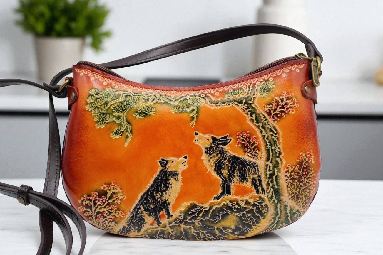 Leather wolf purse crossbody curvy shape  phone bag