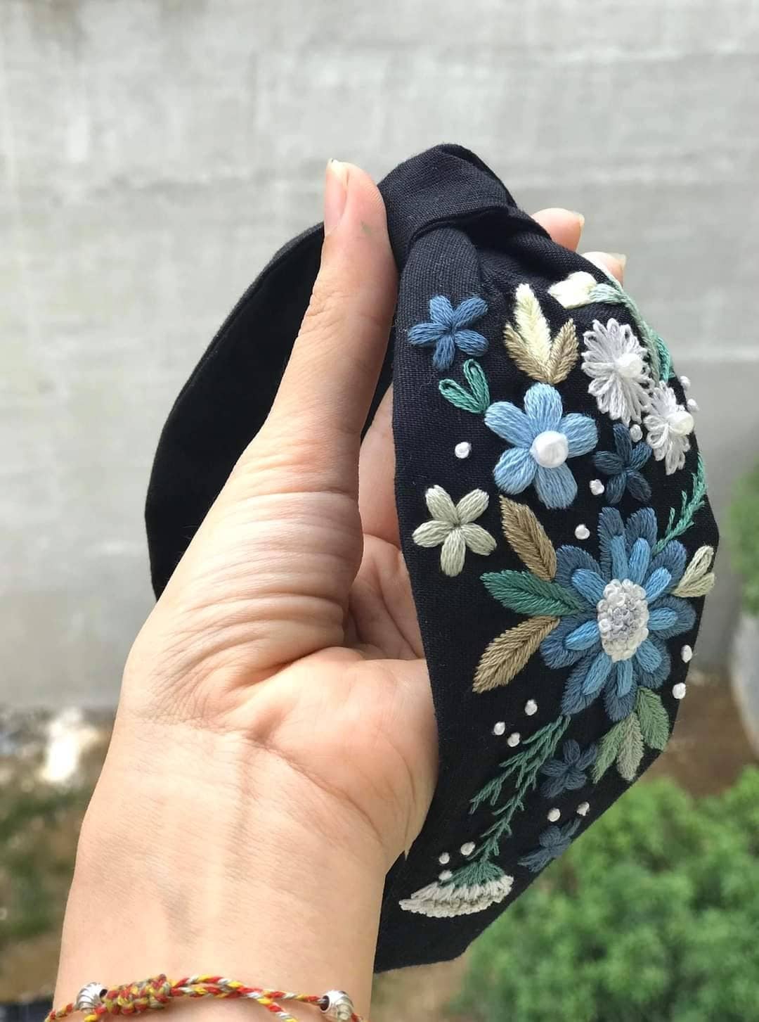 Floral Embroidered Linen Knot Turban, Camilia Collection ✅: 2.Blue Gerbera Daisy