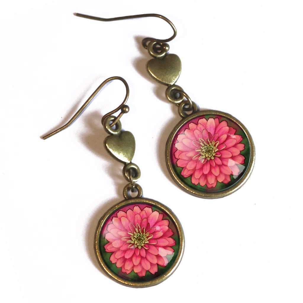 Pink Zinnia and Heart Glass Cabochon and Bronze Earrings