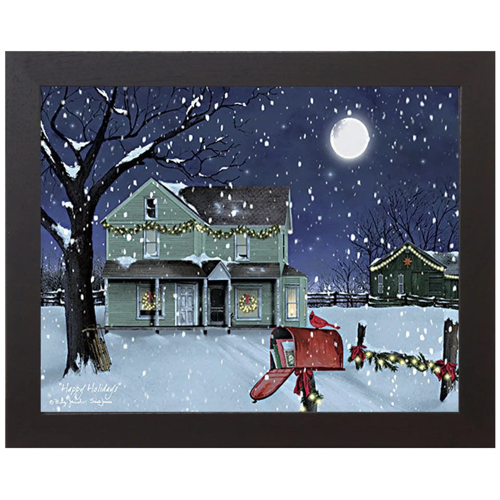 Happy Holidays By Artist Billy Jacobs Glitter Winter Snow : Black Frame