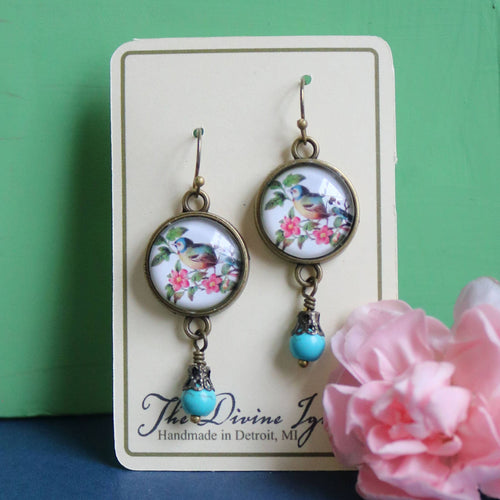 Bluebird Cottagecore Glass Cabochon and Bronze Earrings