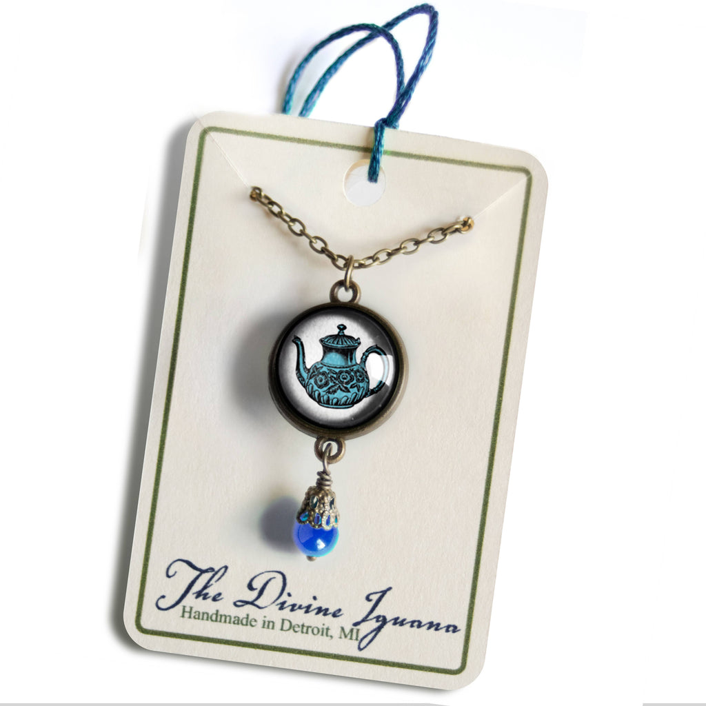 Blue Tea Steampunk Victorian Pendant Necklace with Bead