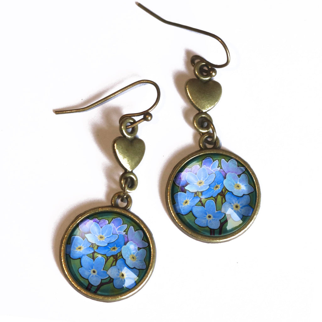 Forget Me Not and Heart Antiqued Bronze and Glass Earrings