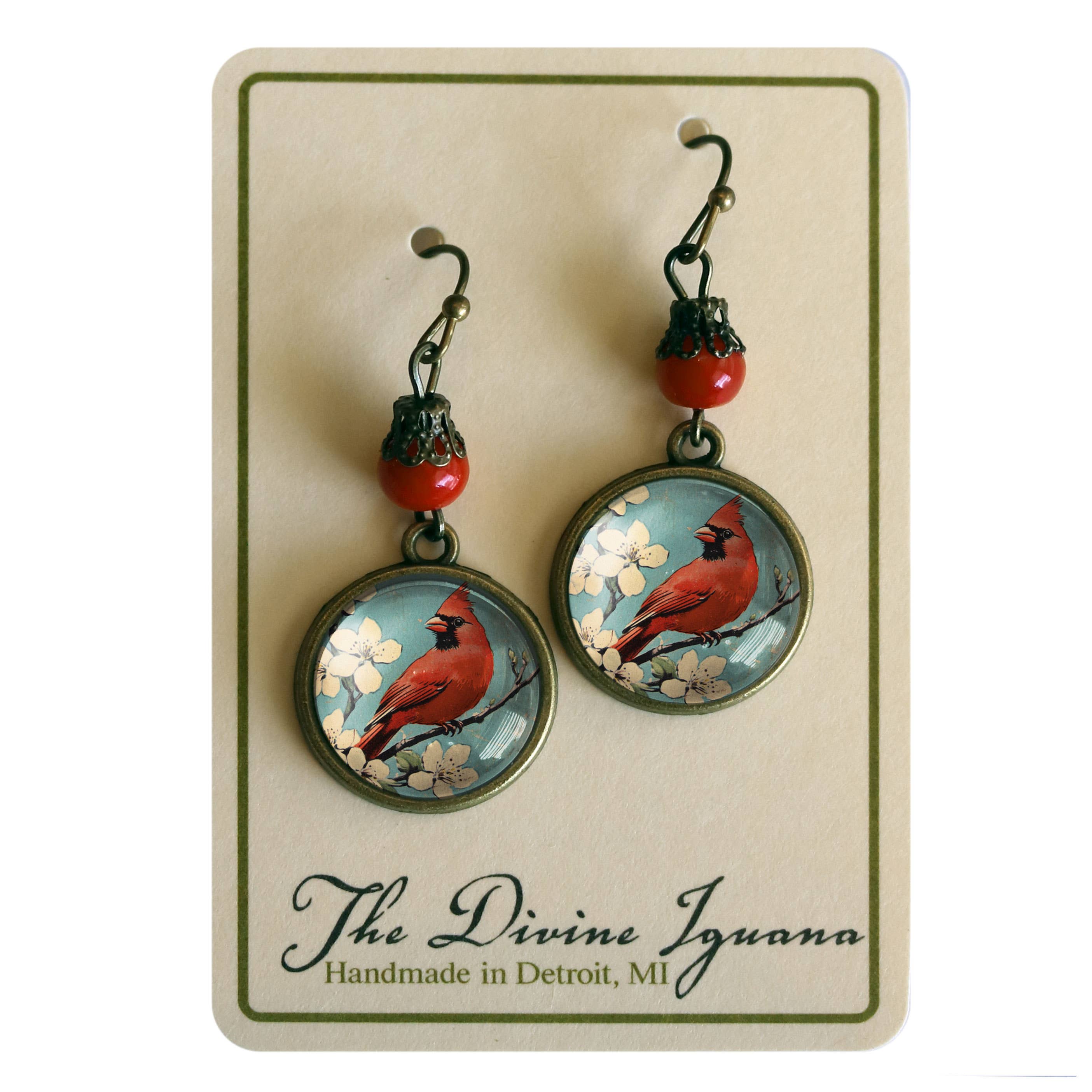 Vintage Cardinal Glass Cabochon Earrings