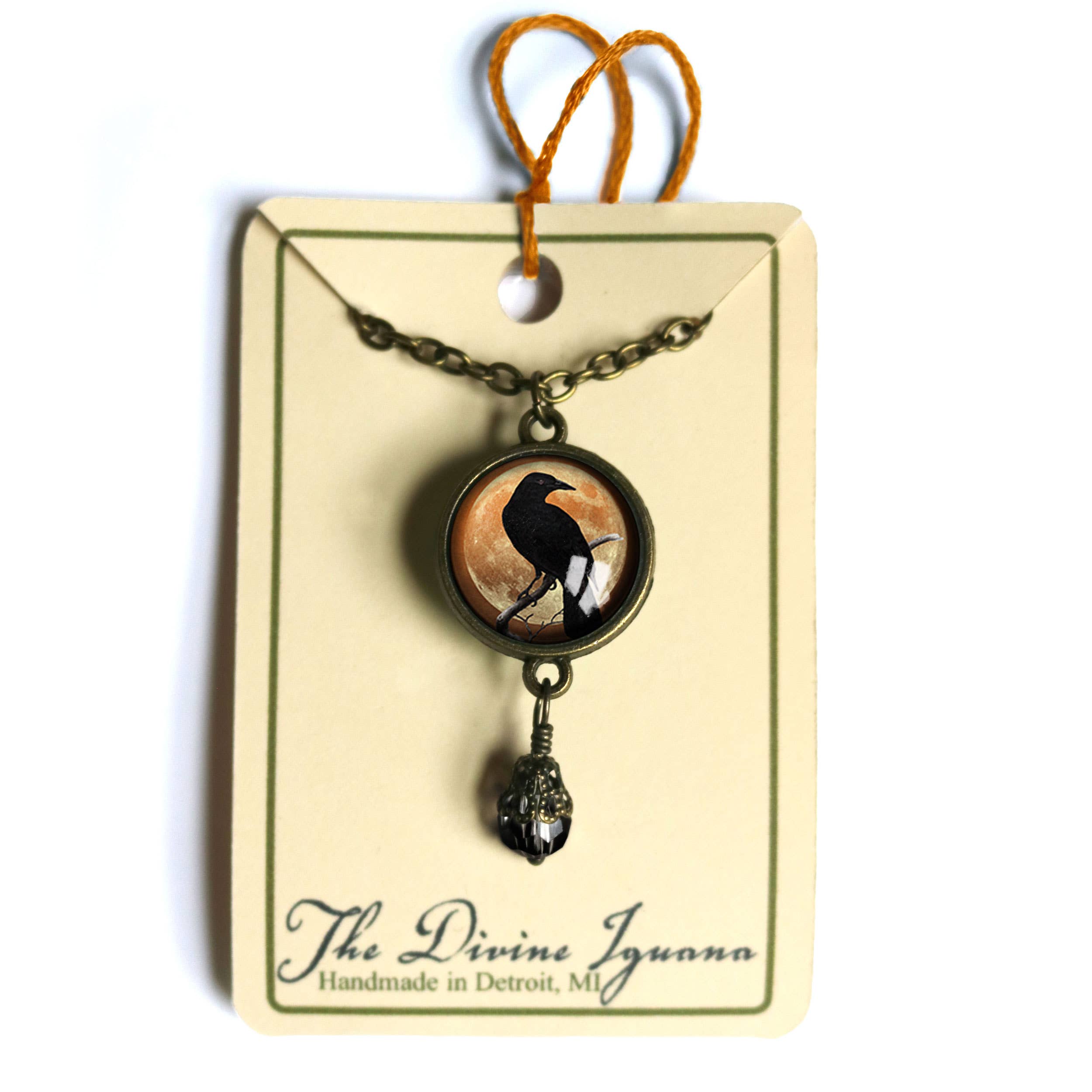 Orange Crow or Raven Goth Halloween Necklace w/Bead