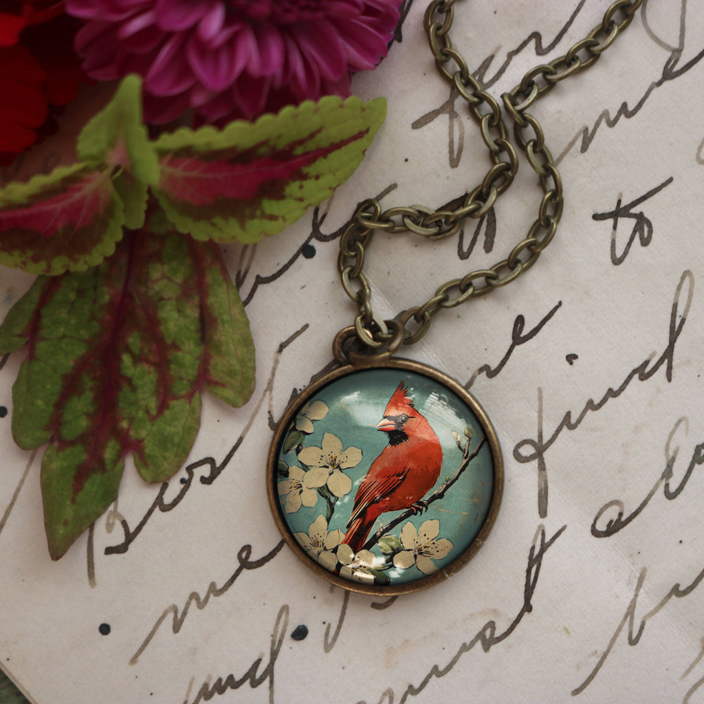 Retro Cardinal 20mm Glass Cabochon Pendant Necklace