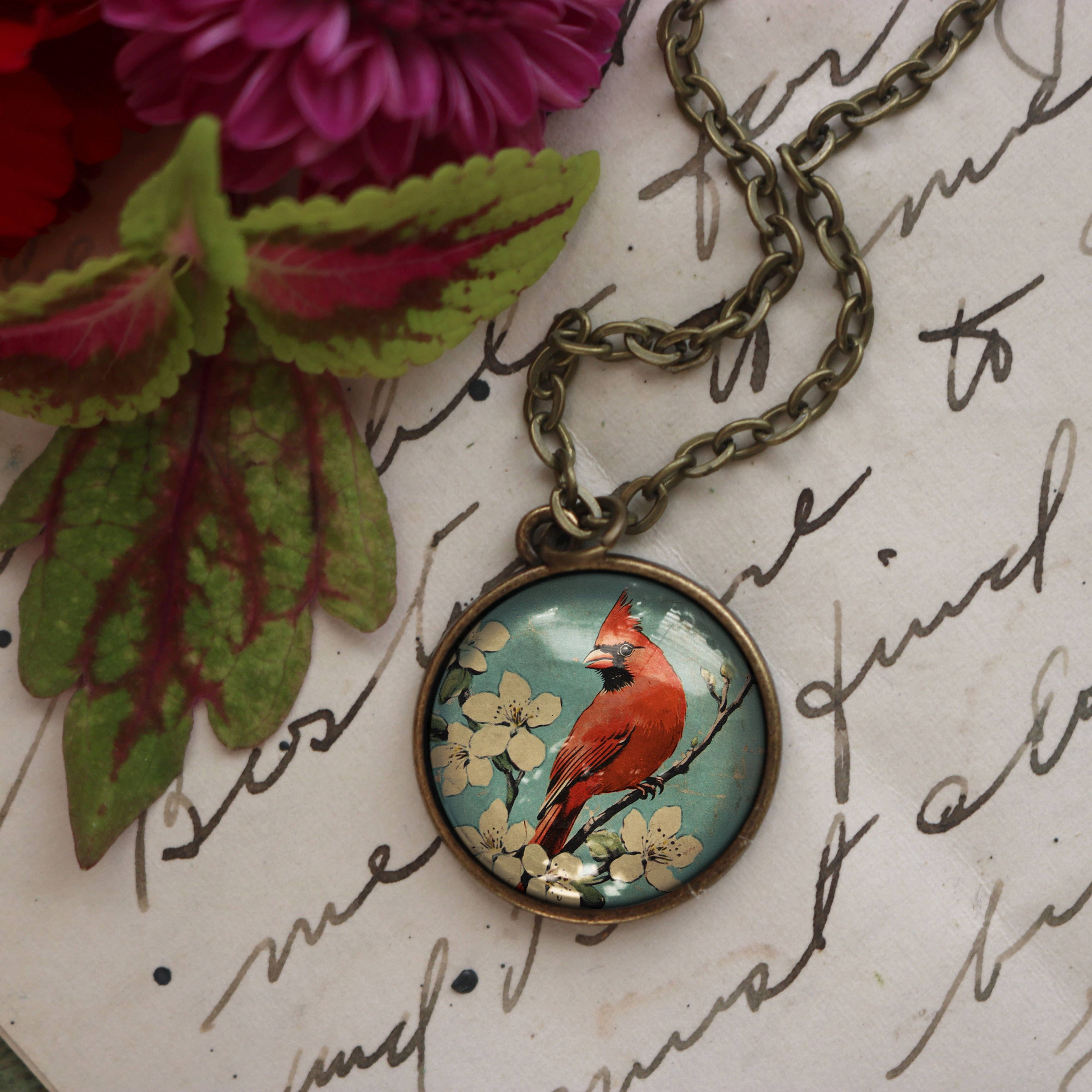 Retro Cardinal 20mm Glass Cabochon Pendant Necklace