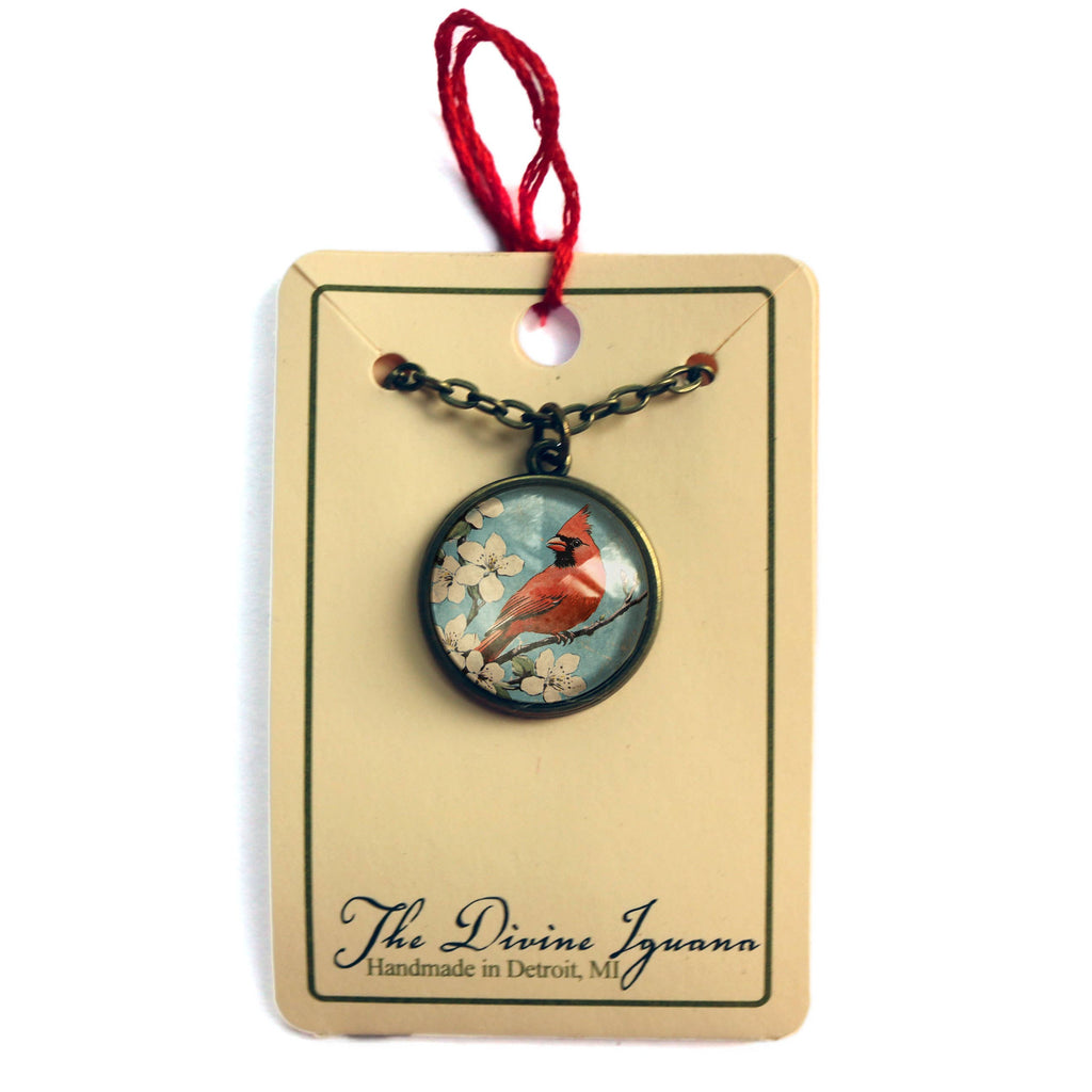 Retro Cardinal 20mm Glass Cabochon Pendant Necklace