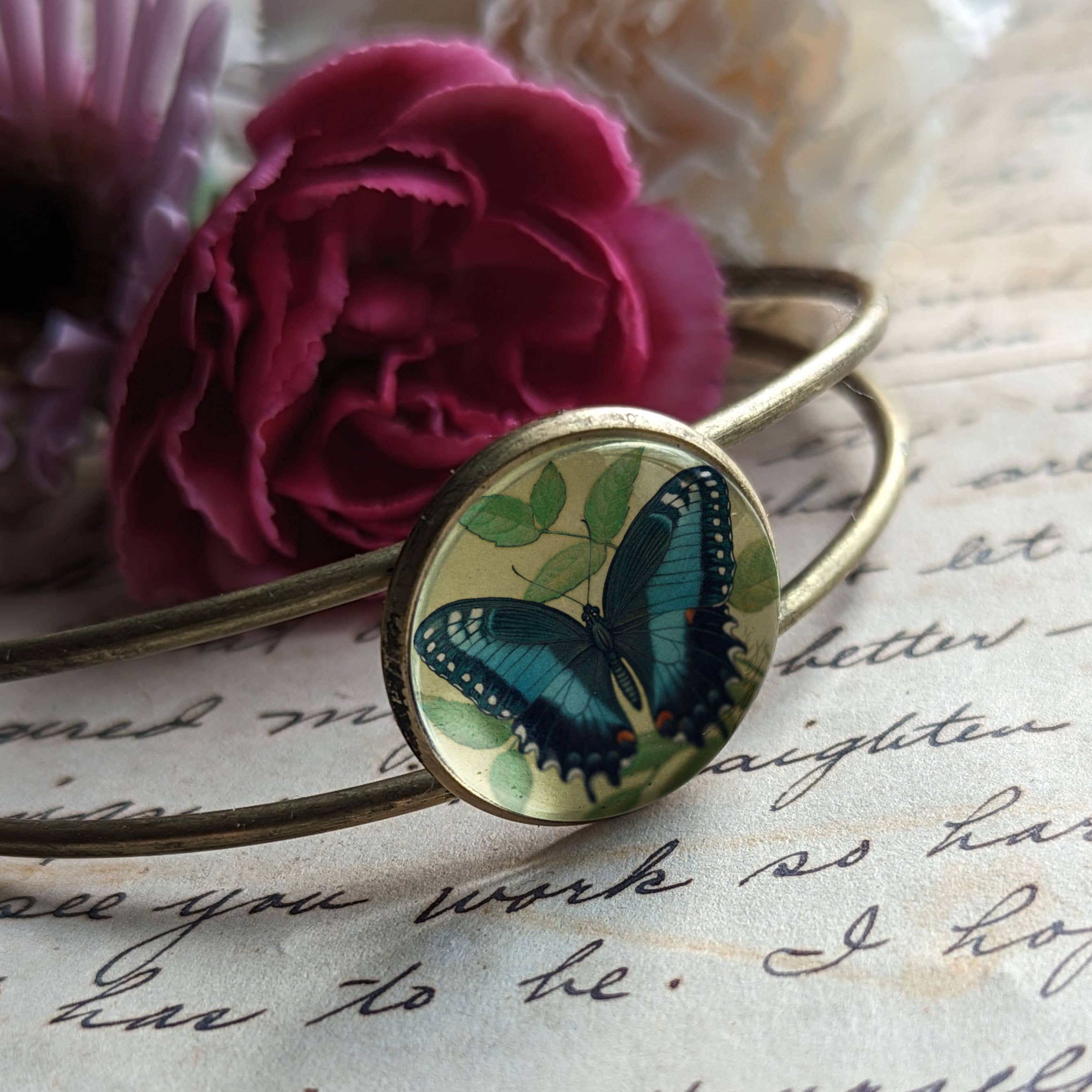 Blue Swallowtail Butterfly Glass Cabochon Cuff Bracelet