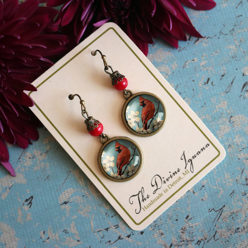 Vintage Cardinal Glass Cabochon Earrings