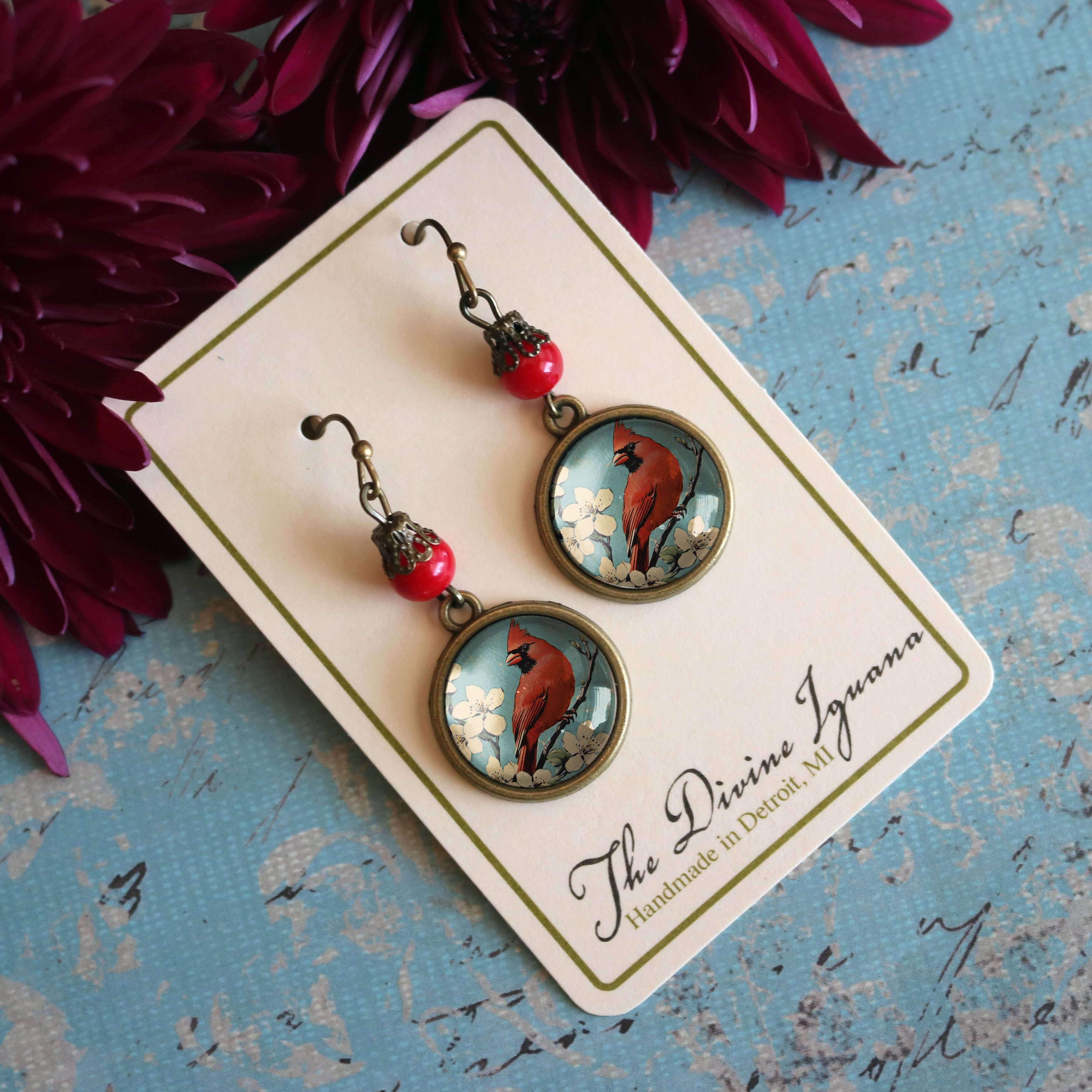 Vintage Cardinal Glass Cabochon Earrings