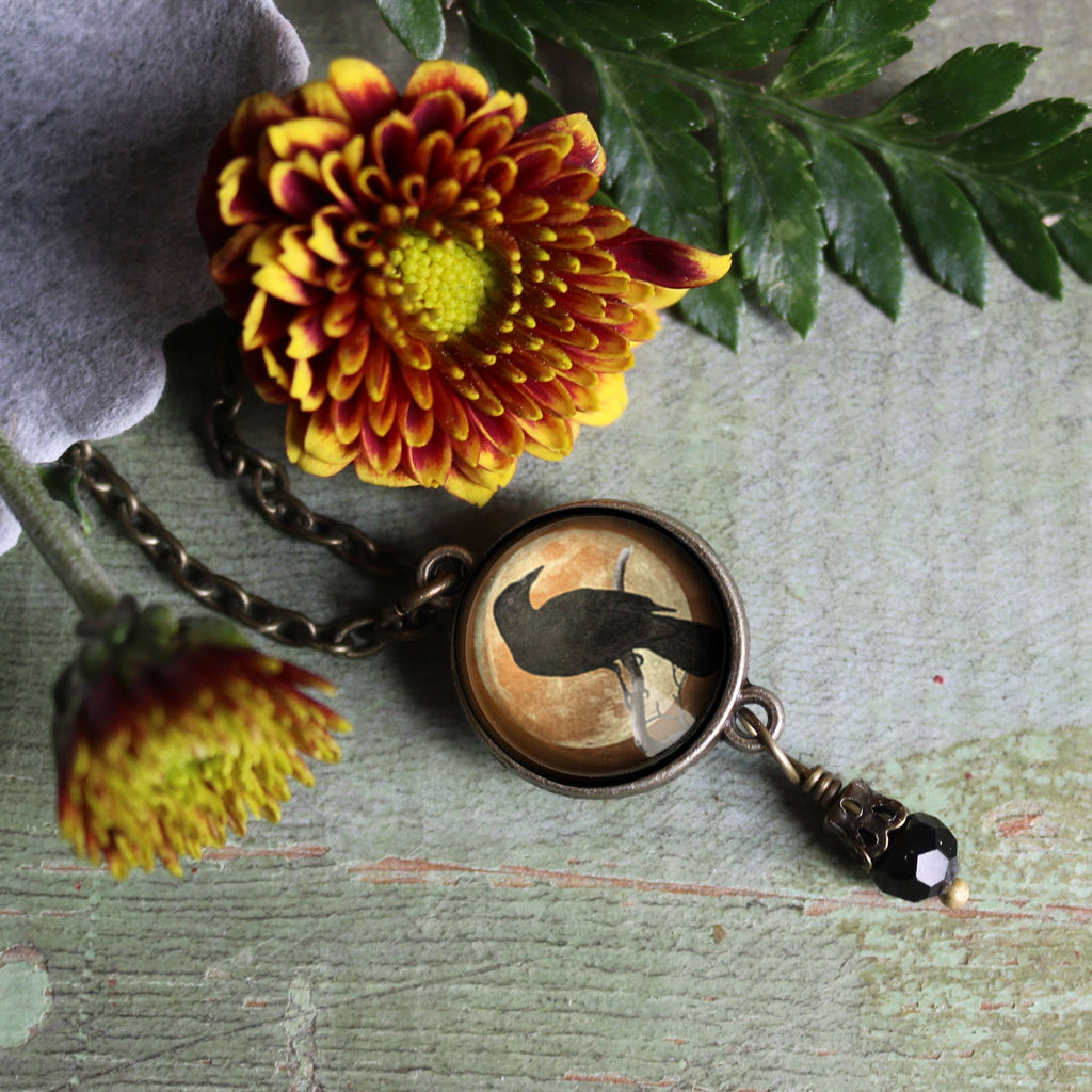 Orange Crow or Raven Goth Halloween Necklace w/Bead