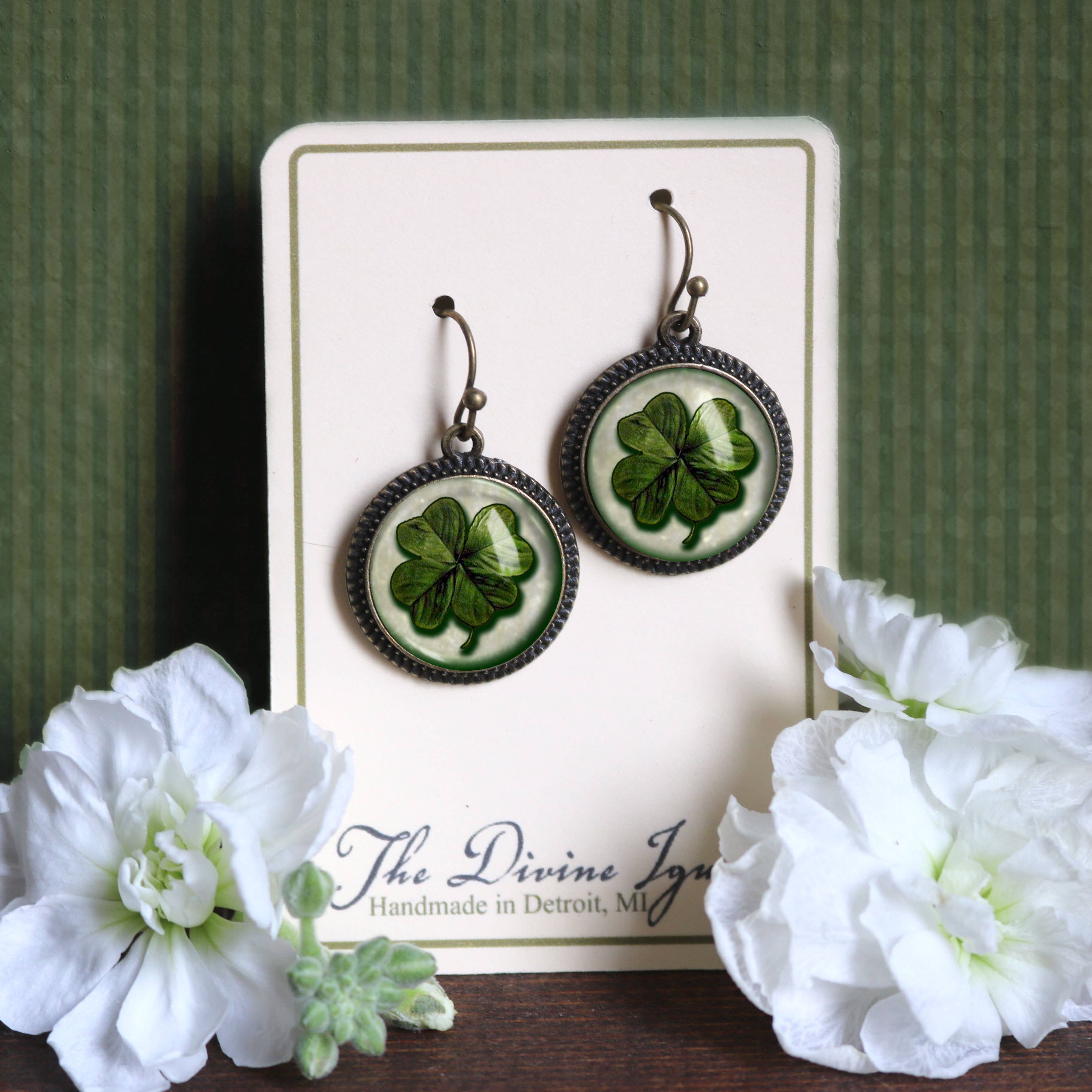 Shamrock or Four Leafed Clover Irish Glass Cabochon Earrings