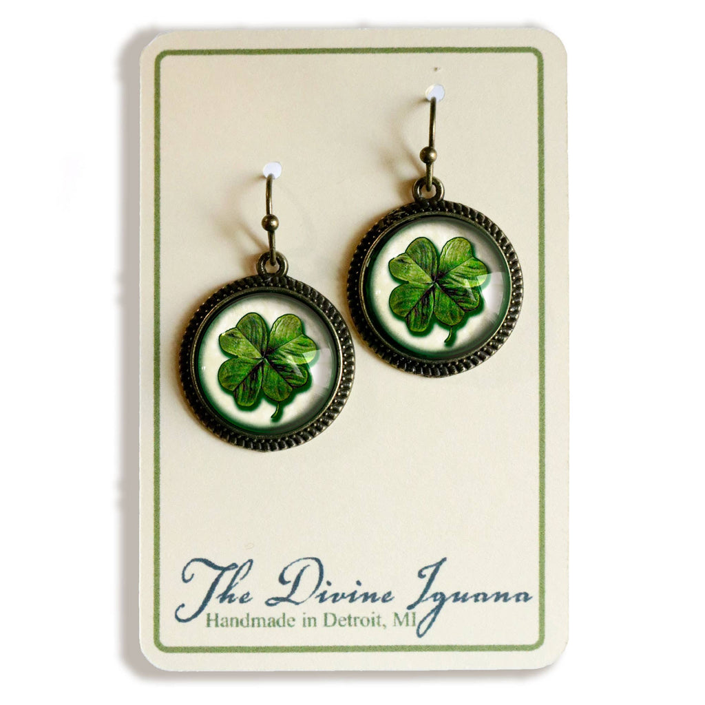Shamrock or Four Leafed Clover Irish Glass Cabochon Earrings