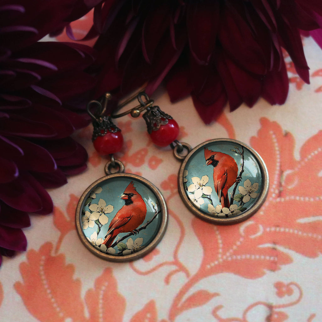 Vintage Cardinal Glass Cabochon Earrings