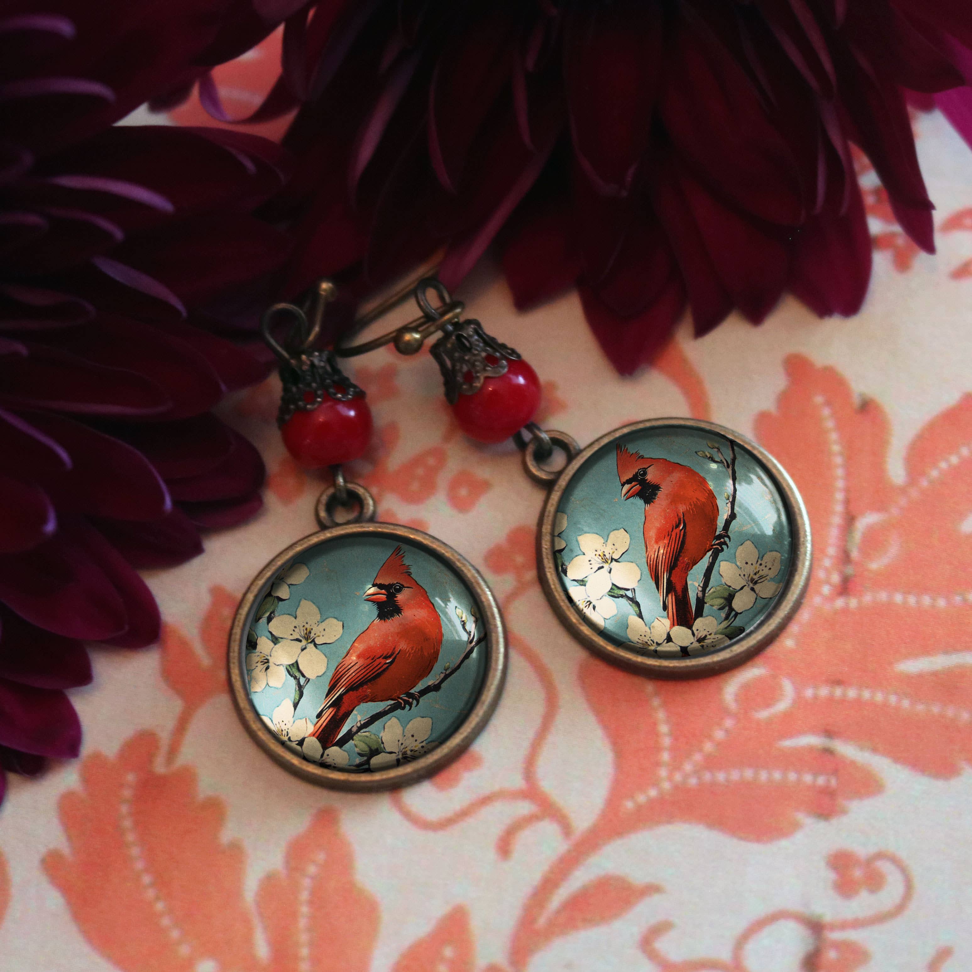 Vintage Cardinal Glass Cabochon Earrings