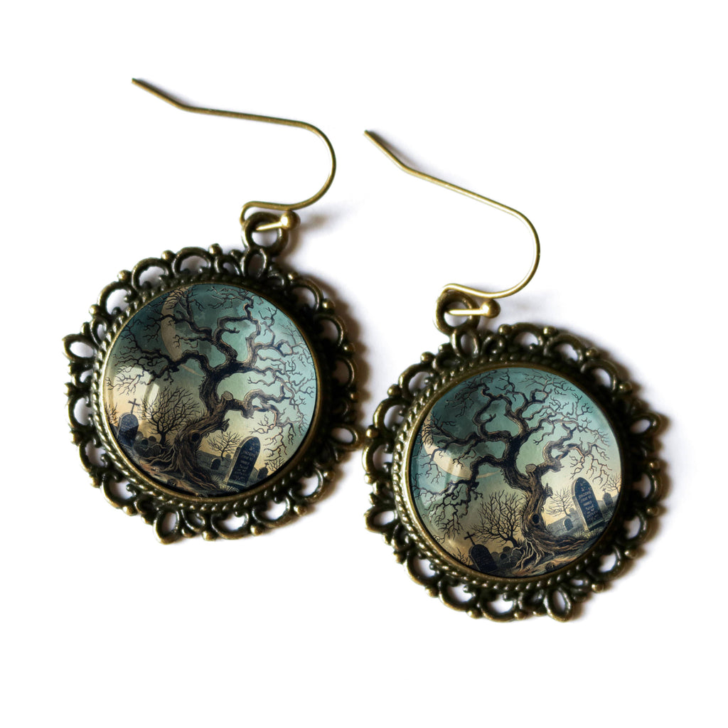 Haunted Tree Halloween Glass Cabochon and Bronze Earrings