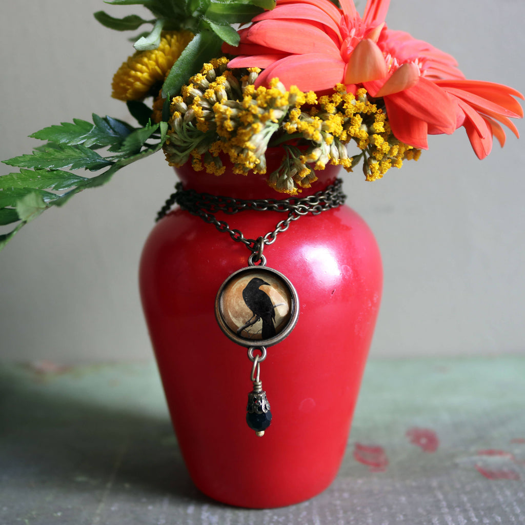 Orange Crow or Raven Goth Halloween Necklace w/Bead