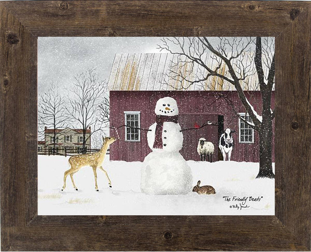 The Friendly Beasts Winter Snowman Deer Art Sign: Black