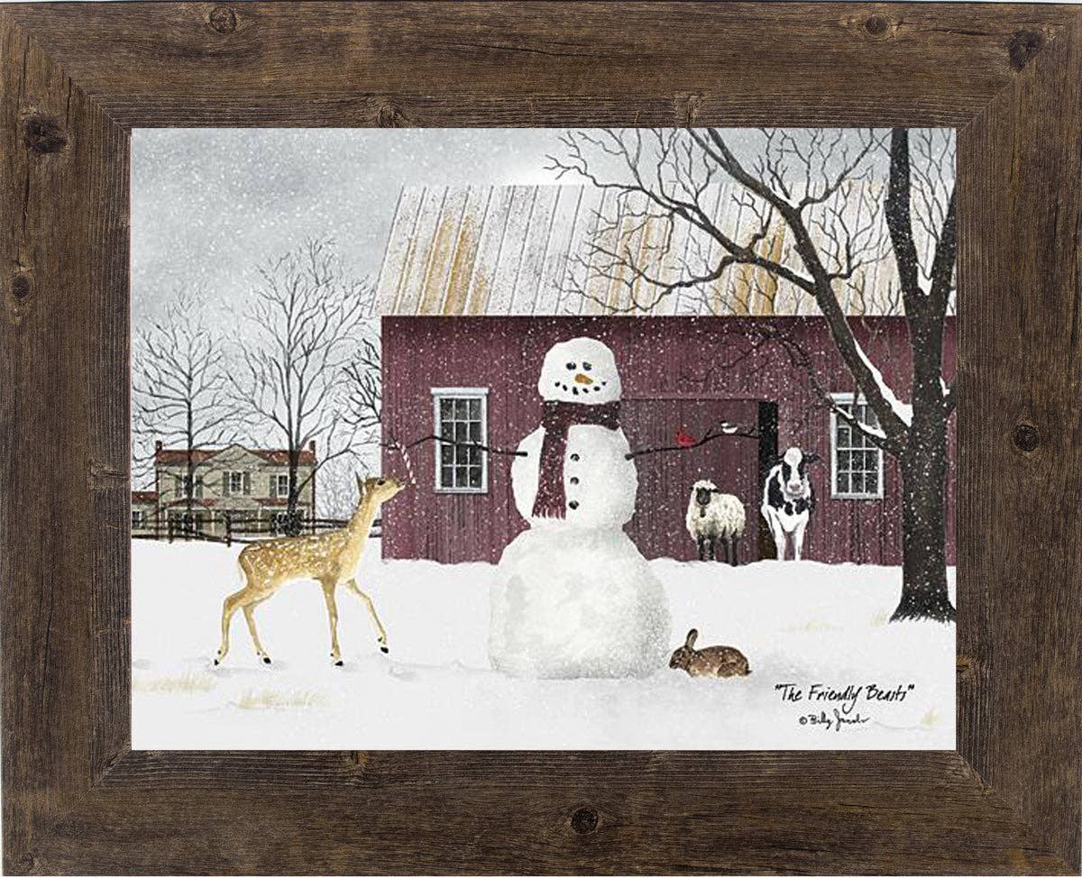 The Friendly Beasts Winter Snowman Deer Art Sign: Black