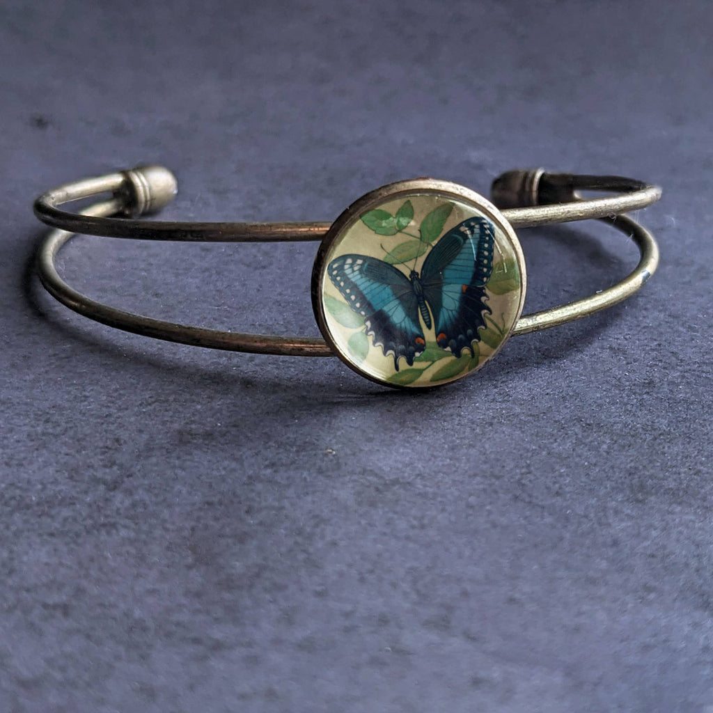 Blue Swallowtail Butterfly Glass Cabochon Cuff Bracelet