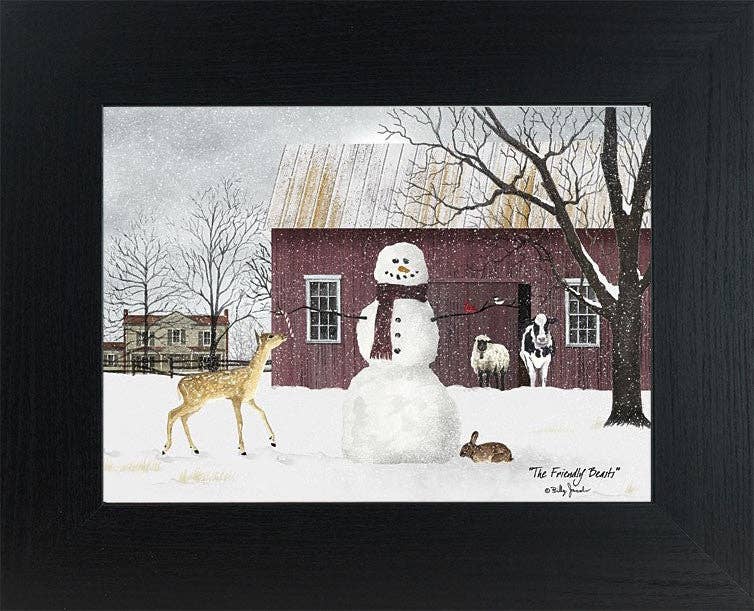 The Friendly Beasts Winter Snowman Deer Art Sign: Black